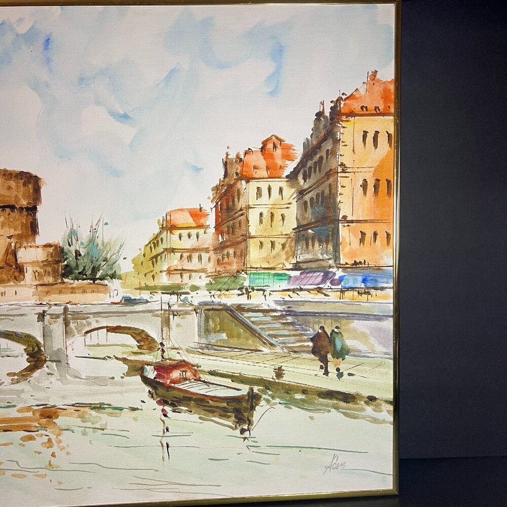 Original Signed Ponte St Angelo Rome Bridge & Castle Framed Watercolor Painting - Picture 5 of 7
